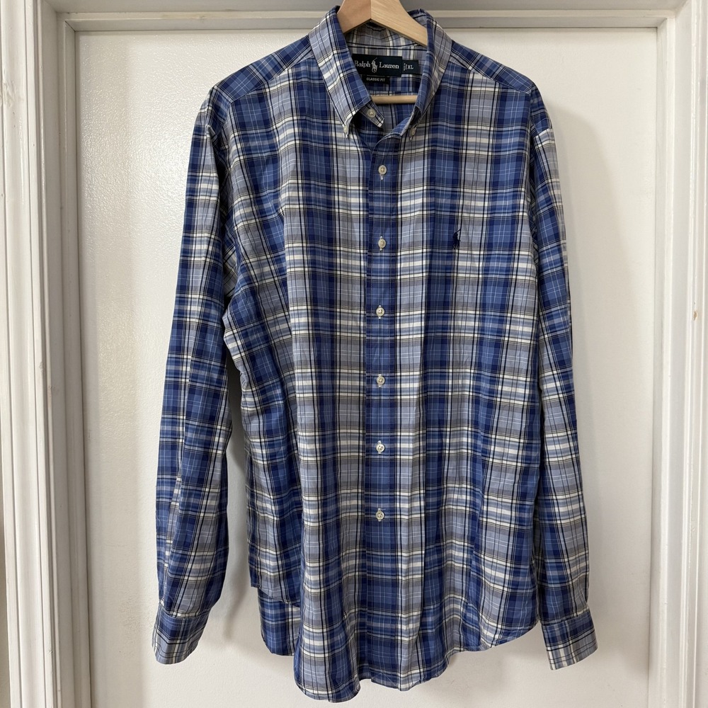 Ralph Lauren Button Down Shirt Blue Mens XL Plaid Excellent Condition